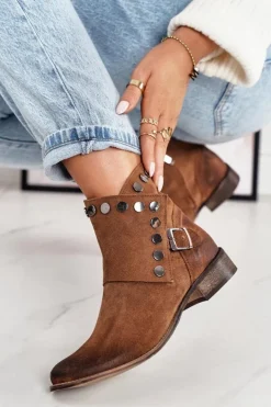 Damskie Boto Damskie Zamszowe Botki Z Klamrą Exquisite 1198 Koniak