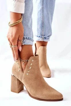 Damskie Boto Damskie Zamszowe Botki Z Wycięciami Lewski Beżowy Piasek 3075