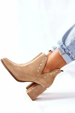 Damskie Boto Damskie Zamszowe Botki Z Wycięciami Lewski Beżowy Piasek 3075