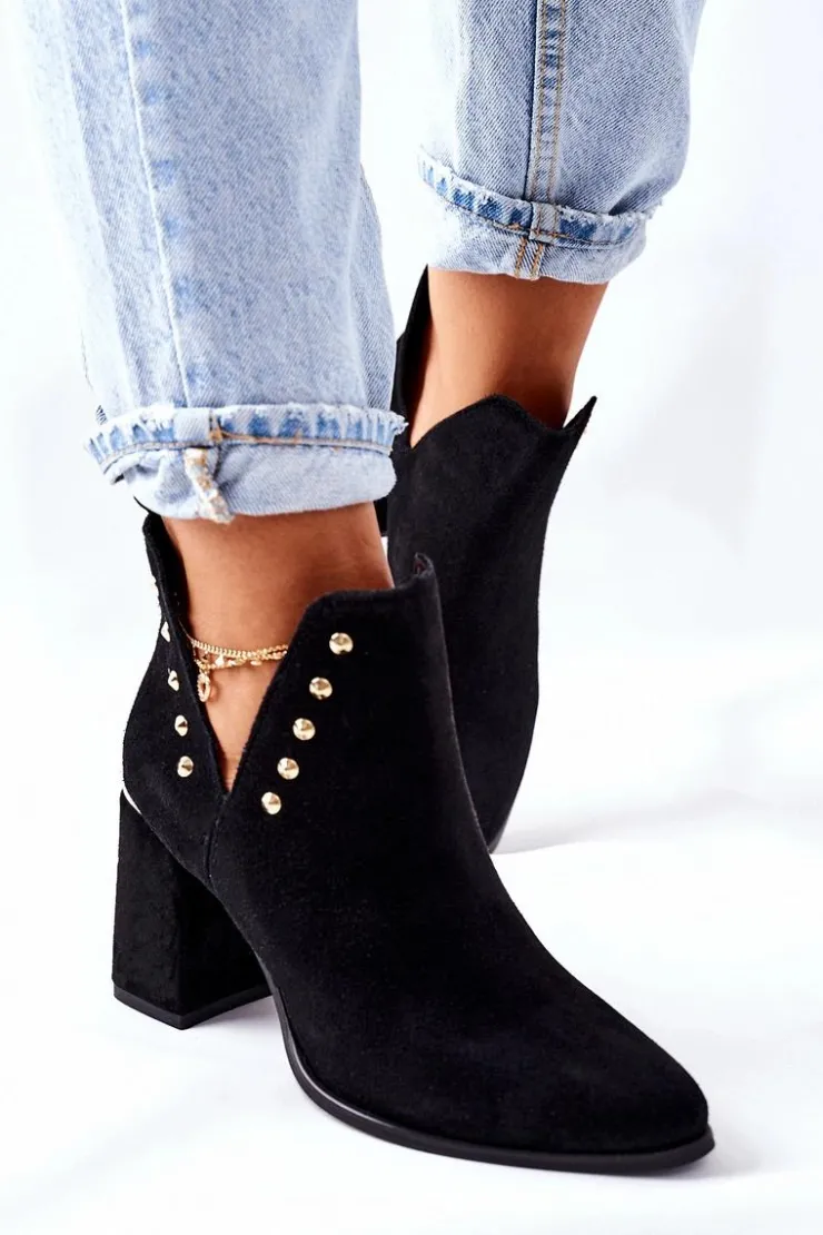 Boto Botki Wiosenne|Botki Na Słupku*Damskie Zamszowe Botki Z Wycięciami Lewski Czarne 3075