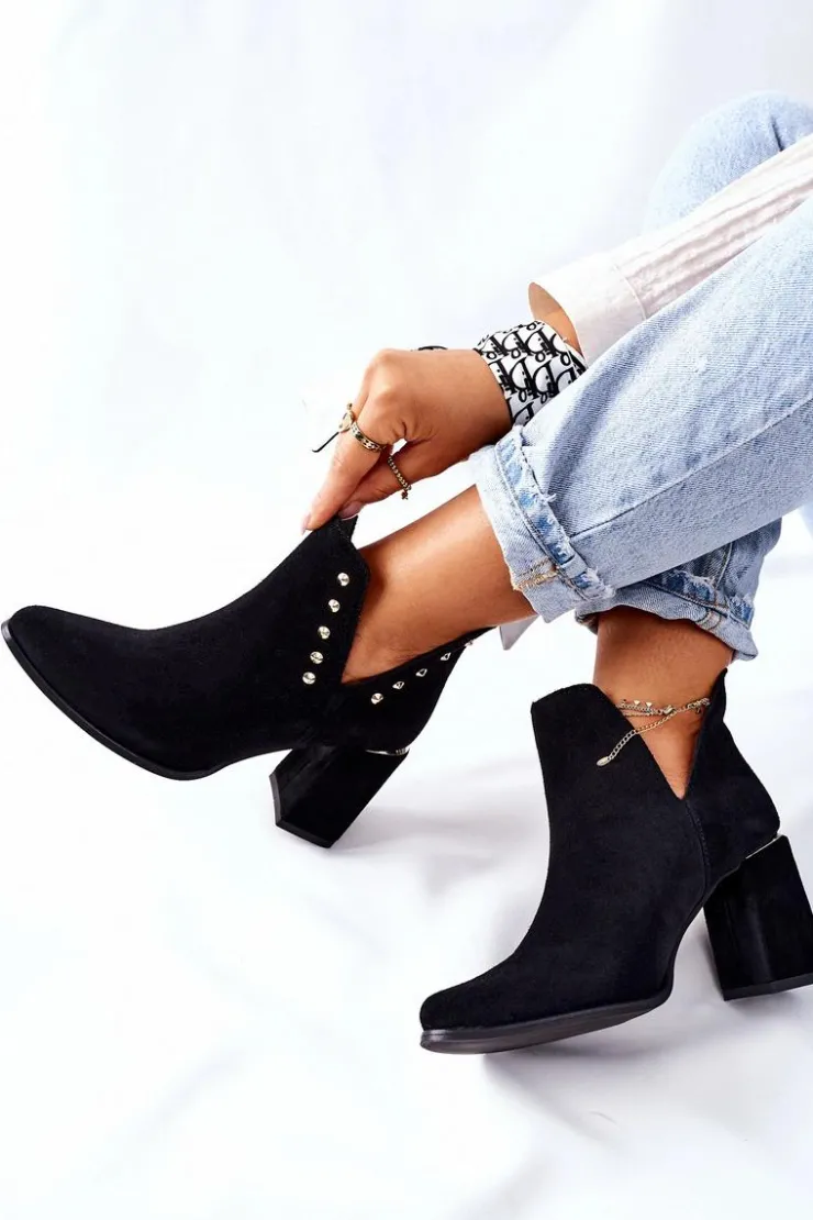 Boto Botki Wiosenne|Botki Na Słupku*Damskie Zamszowe Botki Z Wycięciami Lewski Czarne 3075