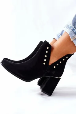 Boto Botki Wiosenne|Botki Na Słupku*Damskie Zamszowe Botki Z Wycięciami Lewski Czarne 3075
