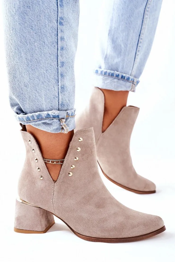 Outlet Boto Damskie Zamszowe Botki Z Wycięciami Lewski Cappuccino 3074/B