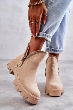 Boto Brązowe I Beżowe Botki|Botki Płaskie*Damskie Zamszowe Botki Z Wycięciami Beżowe Rhythm