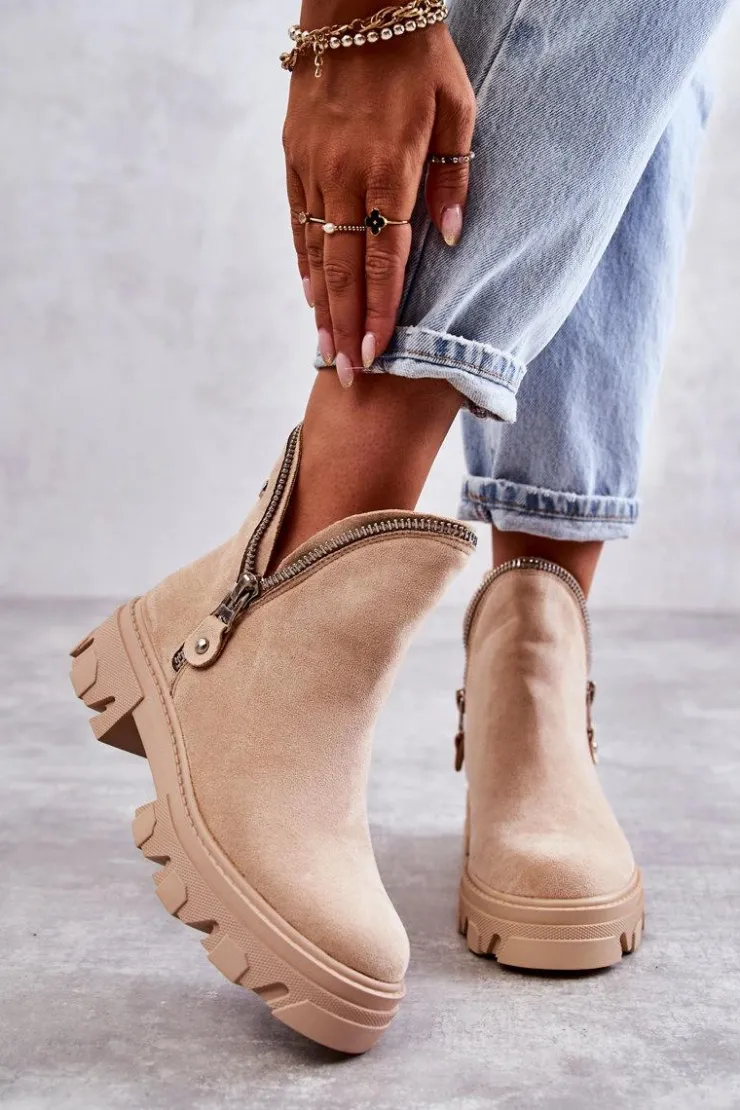 Boto Brązowe I Beżowe Botki|Botki Płaskie*Damskie Zamszowe Botki Z Wycięciami Beżowe Rhythm