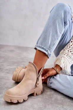 Boto Brązowe I Beżowe Botki|Botki Płaskie*Damskie Zamszowe Botki Z Wycięciami Beżowe Rhythm