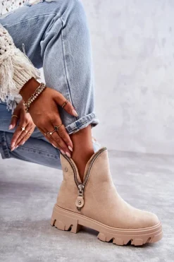 Boto Brązowe I Beżowe Botki|Botki Płaskie*Damskie Zamszowe Botki Z Wycięciami Beżowe Rhythm