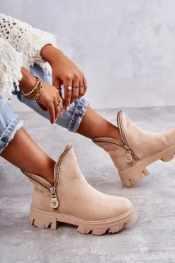 Boto Brązowe I Beżowe Botki|Botki Płaskie*Damskie Zamszowe Botki Z Wycięciami Beżowe Rhythm