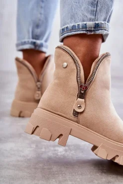 Boto Brązowe I Beżowe Botki|Botki Płaskie*Damskie Zamszowe Botki Z Wycięciami Beżowe Rhythm