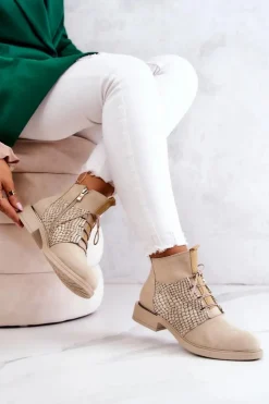 Boto Damskie Zamszowe Botki Z Wężowym Wzorem Jasnobeżowe Lemar Sonroe