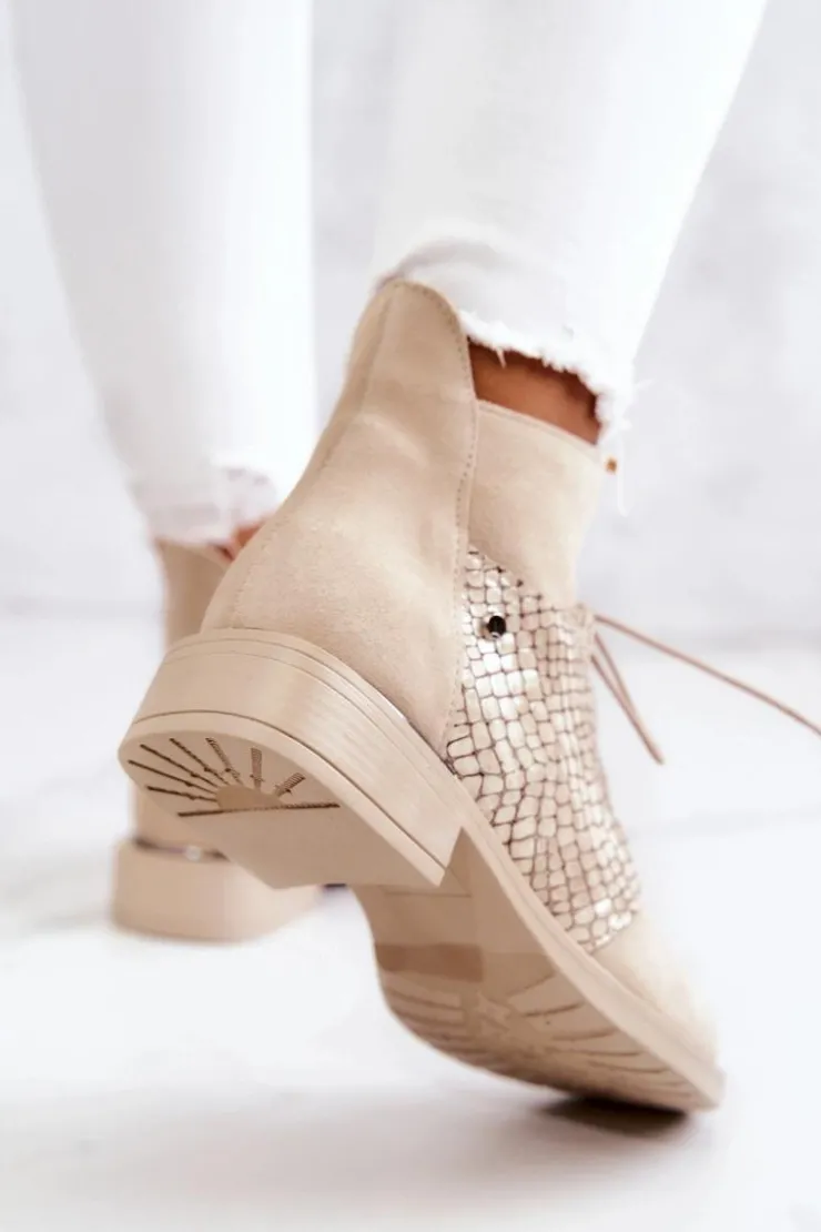 Boto Damskie Zamszowe Botki Z Wężowym Wzorem Jasnobeżowe Lemar Sonroe