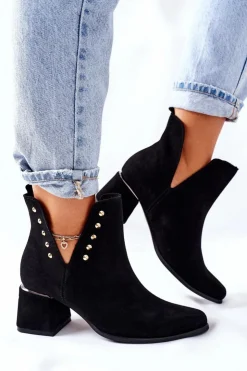 Boto Botki Wiosenne|Botki Na Słupku*Damskie Zamszowe Botki Z Wycięciami Lewski Czarne 3074/B