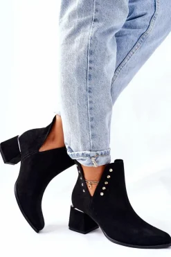 Boto Botki Wiosenne|Botki Na Słupku*Damskie Zamszowe Botki Z Wycięciami Lewski Czarne 3074/B