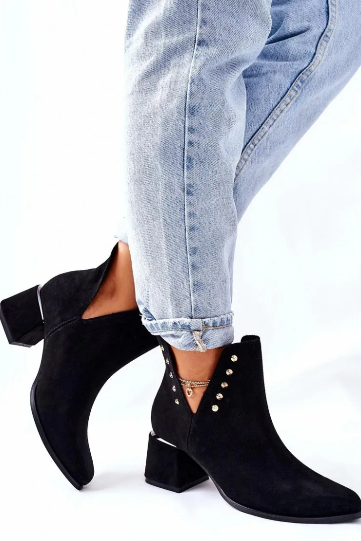 Boto Botki Wiosenne|Botki Na Słupku*Damskie Zamszowe Botki Z Wycięciami Lewski Czarne 3074/B