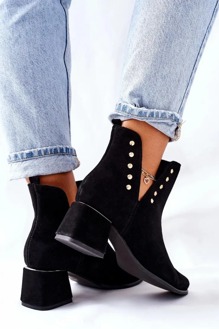 Boto Botki Wiosenne|Botki Na Słupku*Damskie Zamszowe Botki Z Wycięciami Lewski Czarne 3074/B