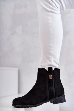 Damskie buty S.Barski Czarne Botki|Botki Płaskie*Damskie Zamszowe Botki Z Ozdobą Czarne Giana