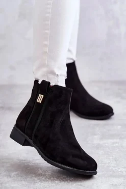 Damskie buty S.Barski Czarne Botki|Botki Płaskie*Damskie Zamszowe Botki Z Ozdobą Czarne Giana