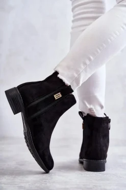 Damskie buty S.Barski Czarne Botki|Botki Płaskie*Damskie Zamszowe Botki Z Ozdobą Czarne Giana