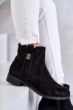 Damskie buty S.Barski Czarne Botki|Botki Płaskie*Damskie Zamszowe Botki Z Ozdobą Czarne Giana