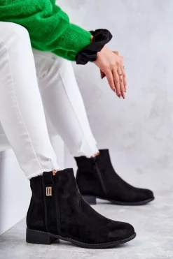 Damskie buty S.Barski Czarne Botki|Botki Płaskie*Damskie Zamszowe Botki Z Ozdobą Czarne Giana