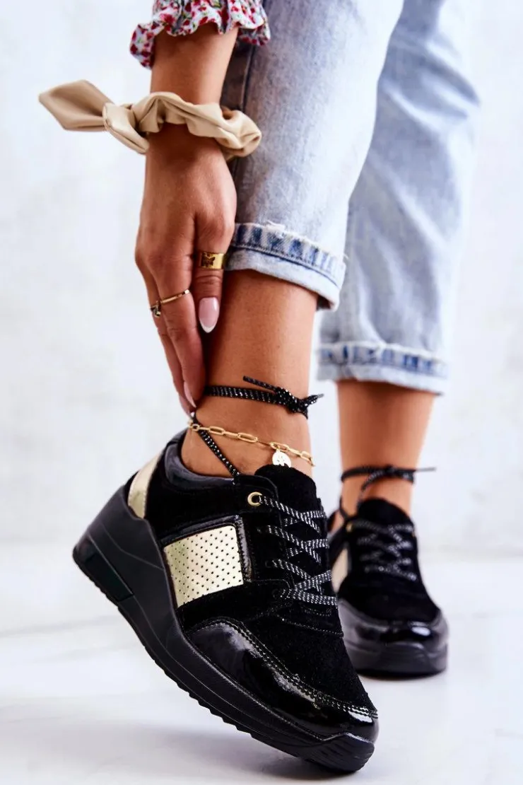 Damskie Damskie buty S.Barski Damskie Zamszowe Buty Sportowe Na Koturnie Czarne Larson