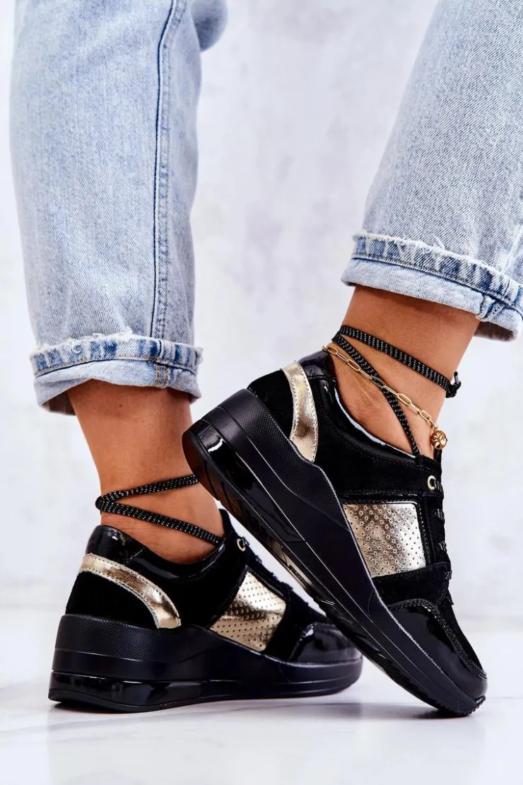 Damskie Damskie buty S.Barski Damskie Zamszowe Buty Sportowe Na Koturnie Czarne Larson