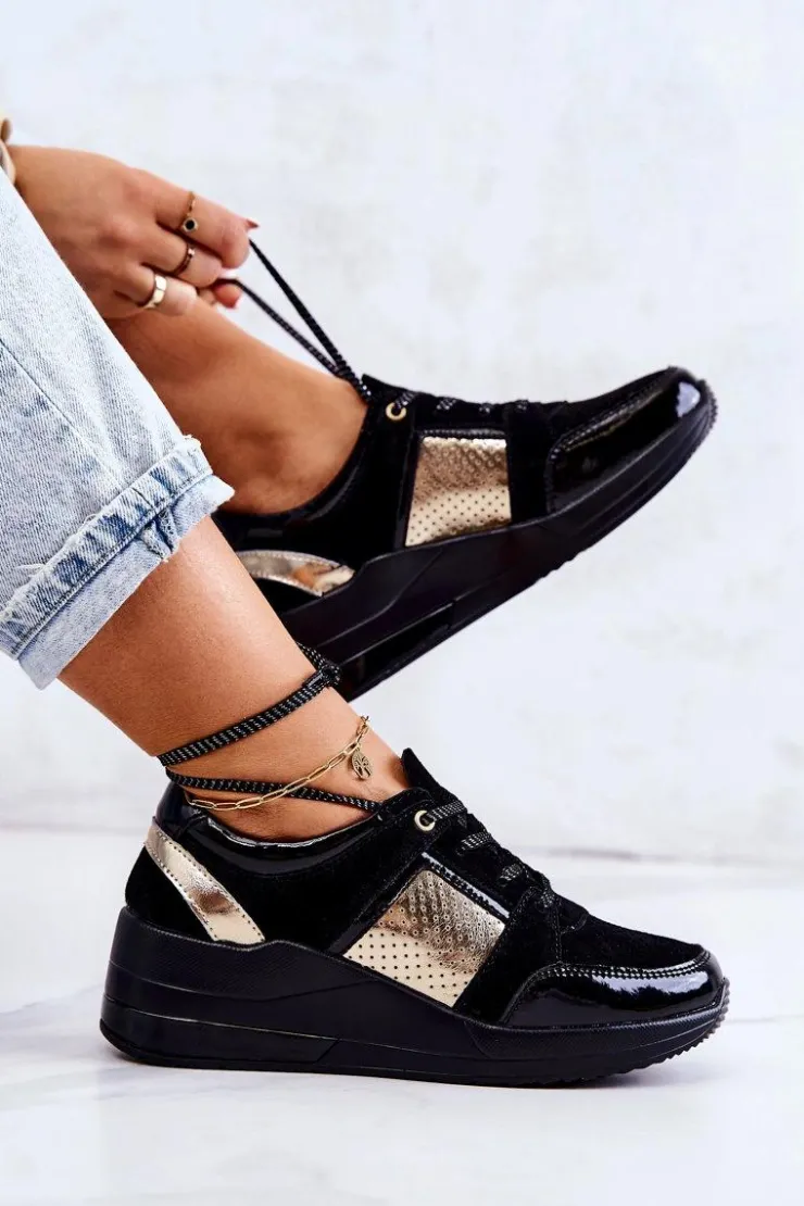 Damskie Damskie buty S.Barski Damskie Zamszowe Buty Sportowe Na Koturnie Czarne Larson