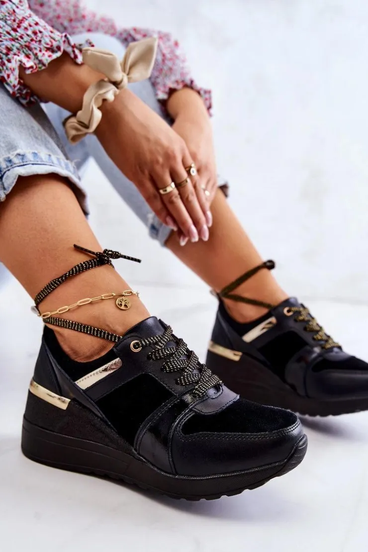 Damskie Damskie buty S.Barski Damskie Zamszowe Buty Sportowe Na Koturnie Czarne Larson