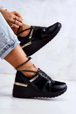 Damskie Damskie buty S.Barski Damskie Zamszowe Buty Sportowe Na Koturnie Czarne Larson