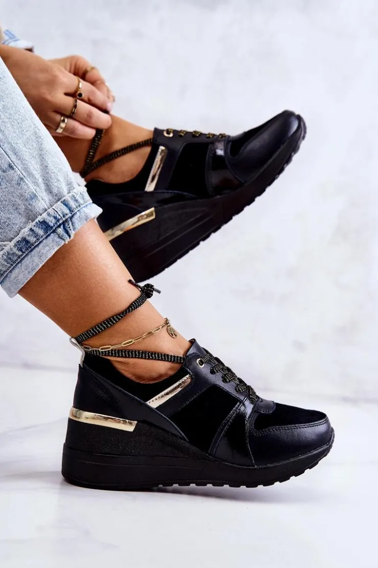 Damskie Damskie buty S.Barski Damskie Zamszowe Buty Sportowe Na Koturnie Czarne Larson