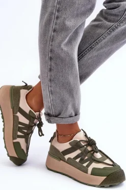 Boto Sneakersy Damskie*Damskie Zamszowe Buty Sportowe Na Platformie Beżowo-Zielone Rohan