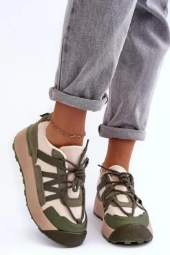 Boto Sneakersy Damskie*Damskie Zamszowe Buty Sportowe Na Platformie Beżowo-Zielone Rohan