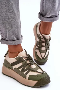 Boto Sneakersy Damskie*Damskie Zamszowe Buty Sportowe Na Platformie Beżowo-Zielone Rohan