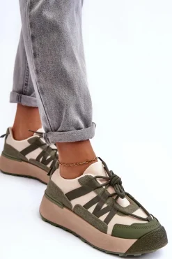 Boto Sneakersy Damskie*Damskie Zamszowe Buty Sportowe Na Platformie Beżowo-Zielone Rohan