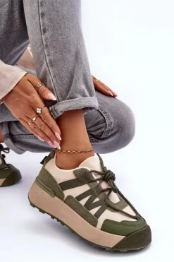 Boto Sneakersy Damskie*Damskie Zamszowe Buty Sportowe Na Platformie Beżowo-Zielone Rohan