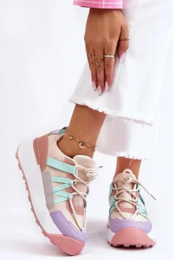 Boto Damskie Zamszowe Buty Sportowe Na Platformie Beżowo-Różowe Rohan