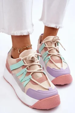 Boto Damskie Zamszowe Buty Sportowe Na Platformie Beżowo-Różowe Rohan