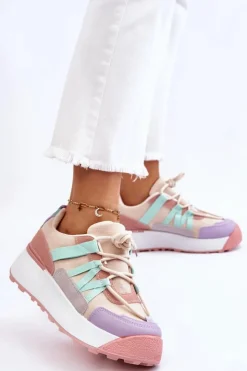 Boto Damskie Zamszowe Buty Sportowe Na Platformie Beżowo-Różowe Rohan
