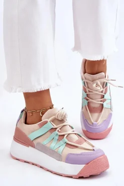 Boto Damskie Zamszowe Buty Sportowe Na Platformie Beżowo-Różowe Rohan