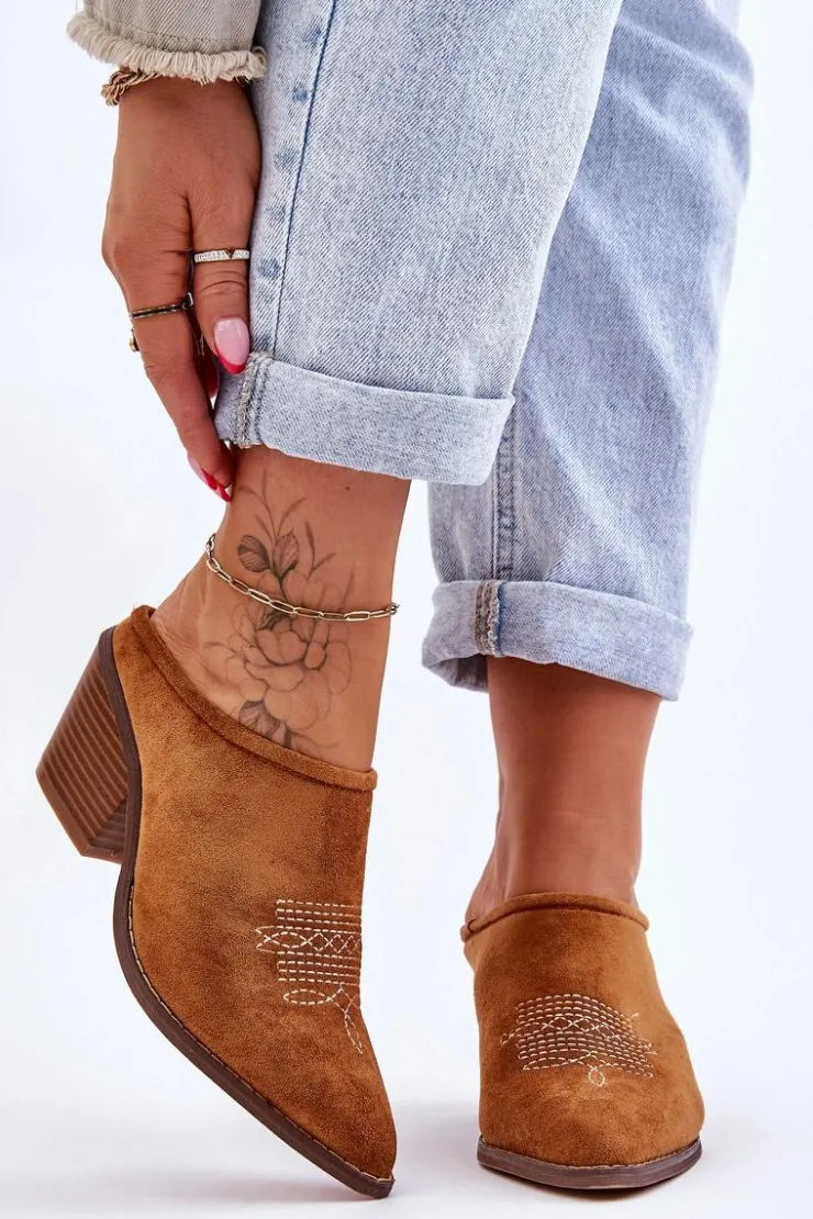 New Boto Damskie Zamszowe Klapki Kowbojki Camel Romina