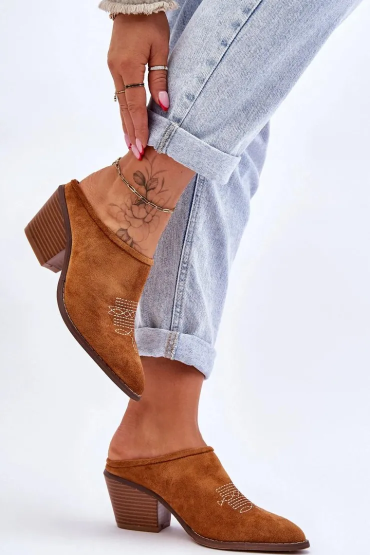 New Boto Damskie Zamszowe Klapki Kowbojki Camel Romina