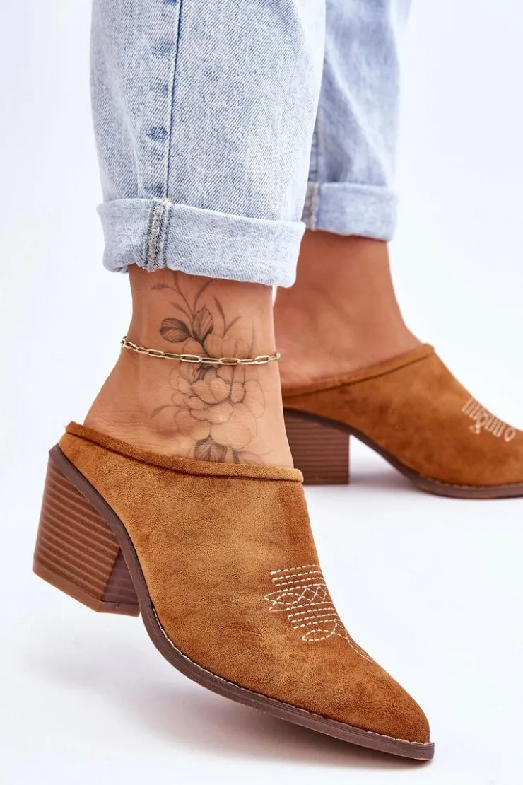 New Boto Damskie Zamszowe Klapki Kowbojki Camel Romina