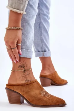 New Boto Damskie Zamszowe Klapki Kowbojki Camel Romina