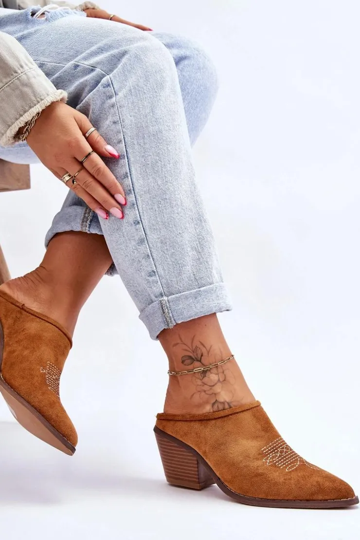 New Boto Damskie Zamszowe Klapki Kowbojki Camel Romina