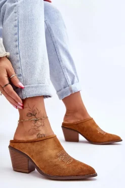 New Boto Damskie Zamszowe Klapki Kowbojki Camel Romina