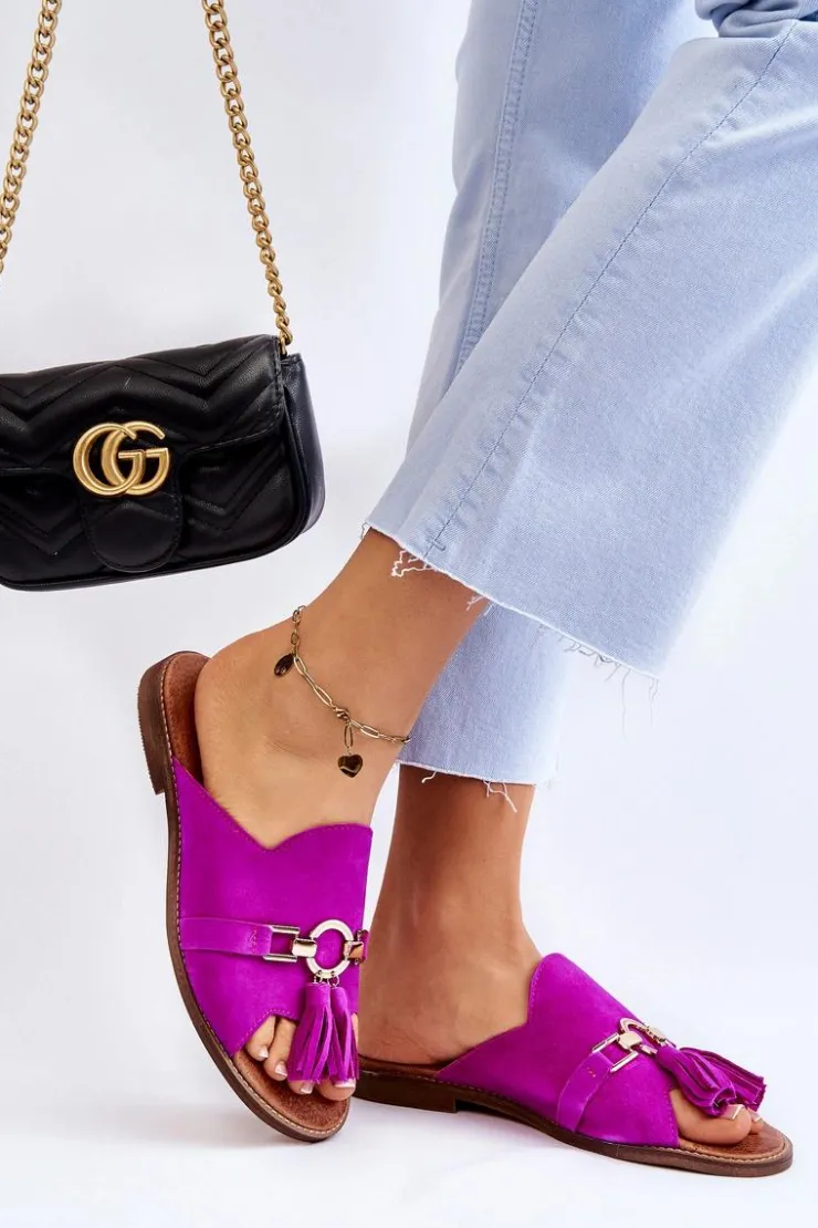 Outlet Boto Damskie Zamszowe Klapki Lewski Shoes 3226 Fuksja