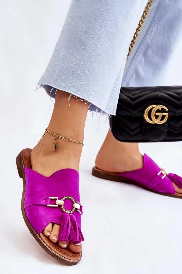 Outlet Boto Damskie Zamszowe Klapki Lewski Shoes 3226 Fuksja