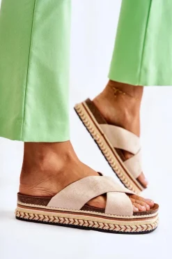 Outlet Boto Damskie Zamszowe Klapki Na Platformie Beżowe Jossie