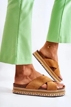 Damskie Boto Damskie Zamszowe Klapki Na Platformie Camel Jossie