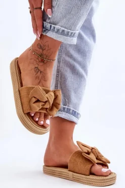 New Boto Damskie Zamszowe Klapki Z Kokardą Camel Fency